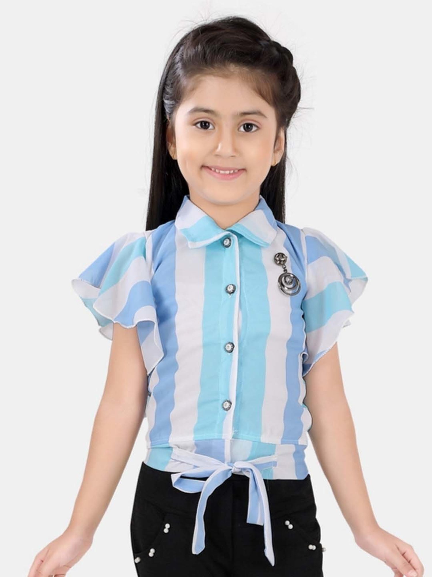 poplins Kids Blue & White Cotton Color Block Top