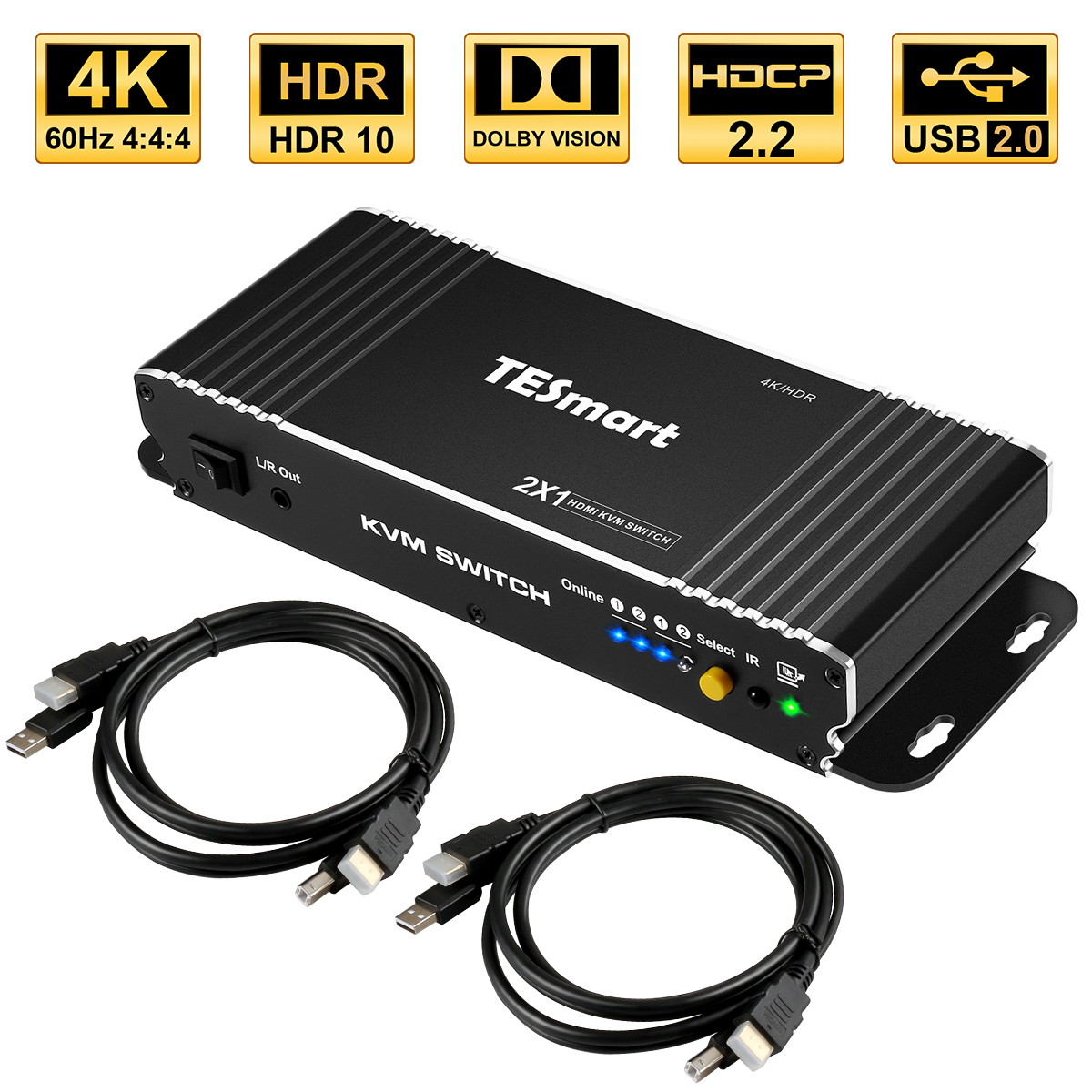 TESmart HDMI 2 input 1 output KVM Switch , support 4k @60hz  HDR 10 and Dolby Vision ,Complaint with HDCP 2.2, With USB2.0 and audio output interface