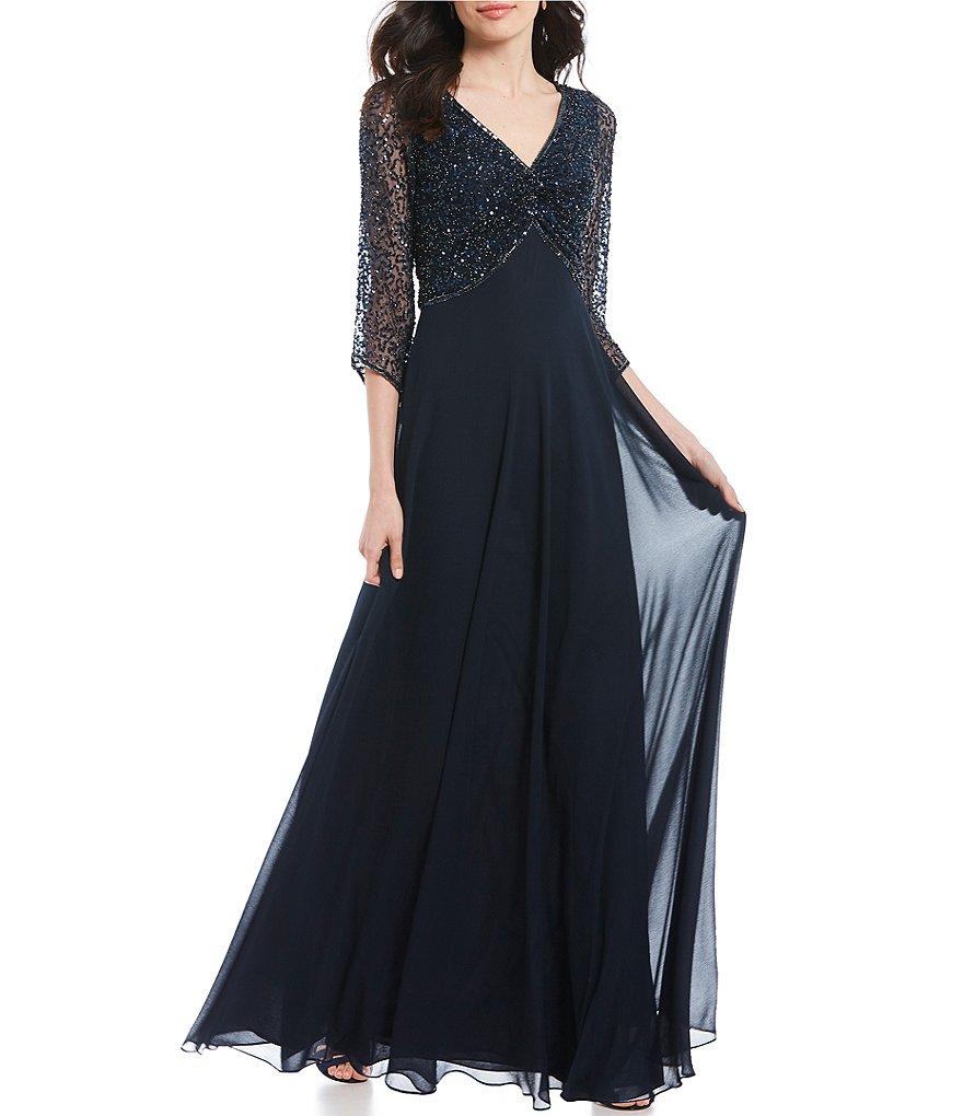 Jkara Petite Size V-Neck 3/4 Sleeve Beaded Bodice Gown