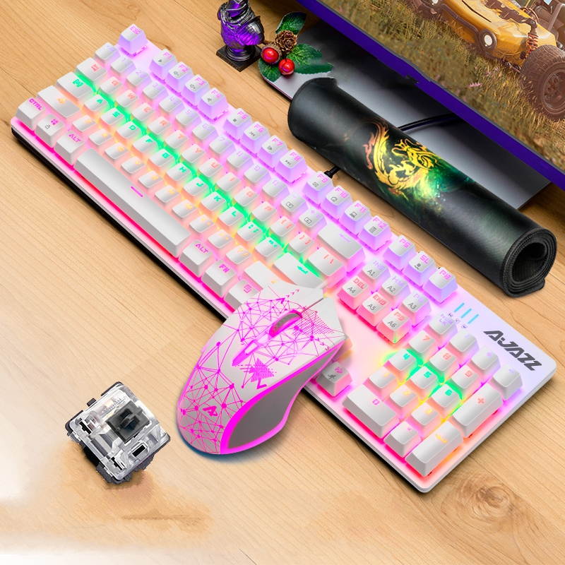 Ajazz AJ119  26 Anti-ghosting Keys, Ergonomic Design, Cool Exterior USB Wired Black Mechanical Green Color Backlit LED Keyboard And 2400DPI  Mouse Combo For Office And Game-Black