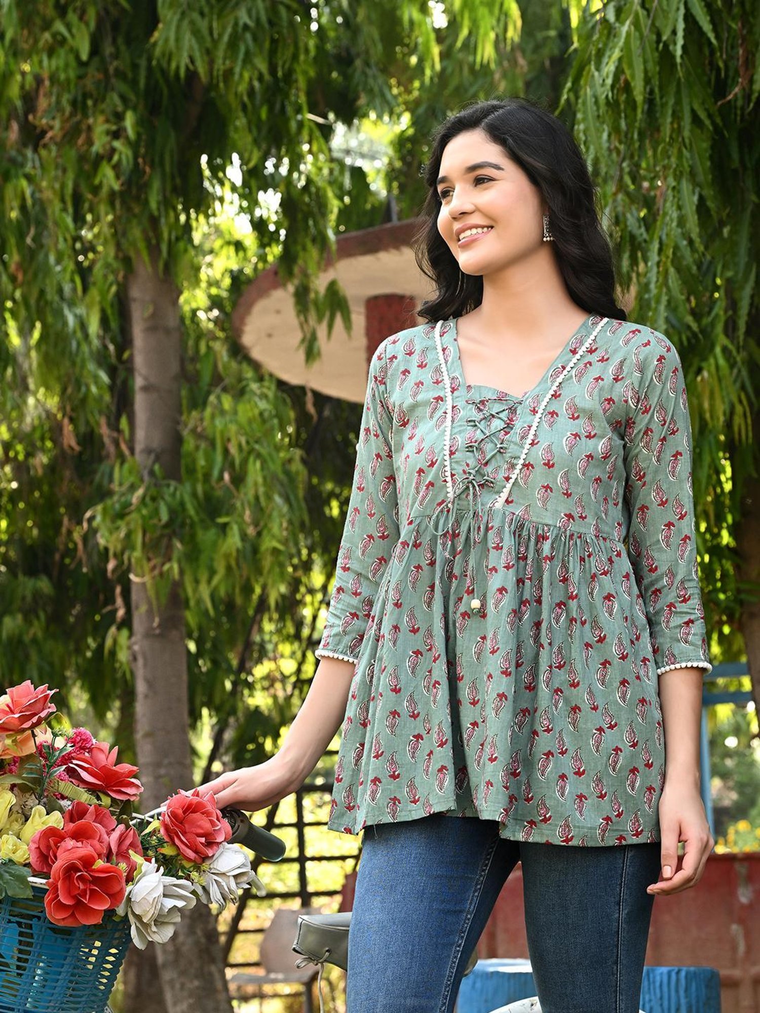 DECKEDUP Sage Green Cotton Printed Tunic