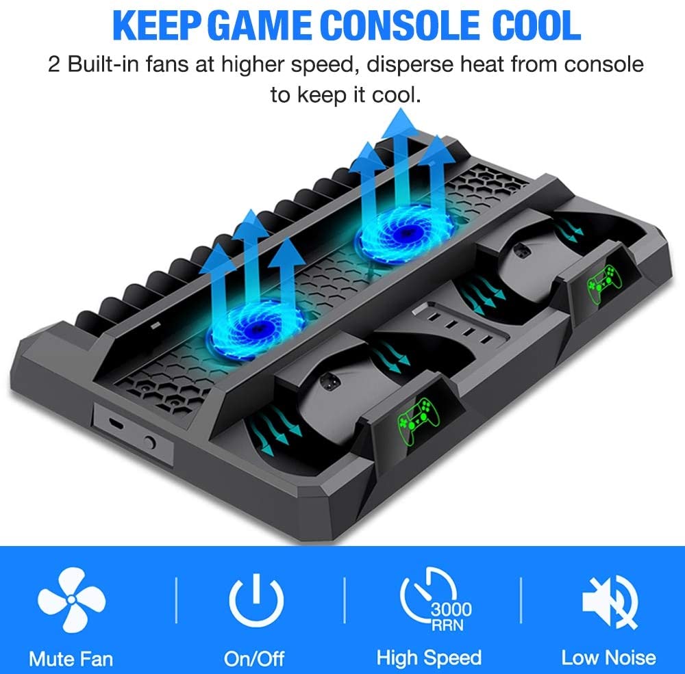 Ackmioxy PS4 Stand Cooling Fan for PS4 Slim / PS4 Pro/Playstation 4, PS4 Pro Stand Vertical Stand Cooler with Dual Controller Charge Station & 16 Game Storage