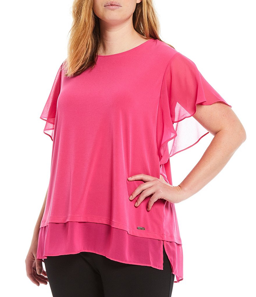 Calvin Klein Plus Size Solid Matte Jersey Jewel Neck Chiffon Ruffle Short Sleeve Double Layer Hem Top