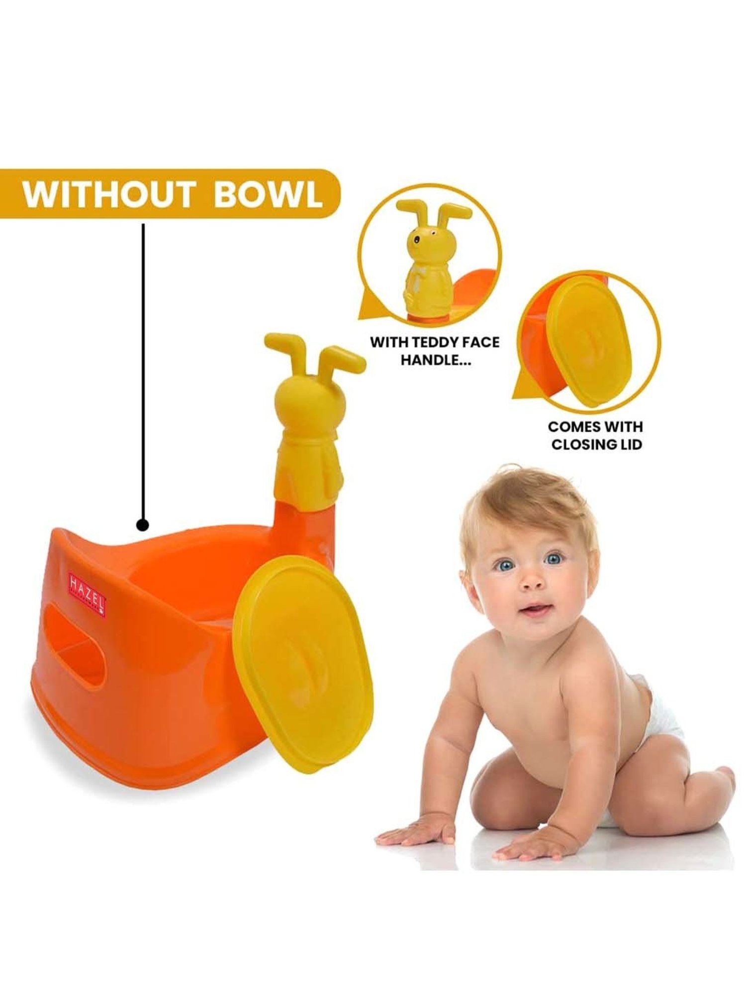 HAZEL Orange & Yellow Plastic Teddy-Shaped Baby Toilet Chair With Closing Lid