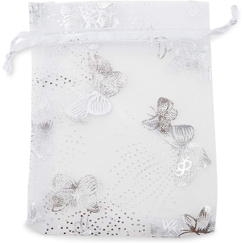 Drawstring Organza Gift Pouch with Butterfly Design (3.5 x 4.75 In, Silver Foil, 120 Pack)