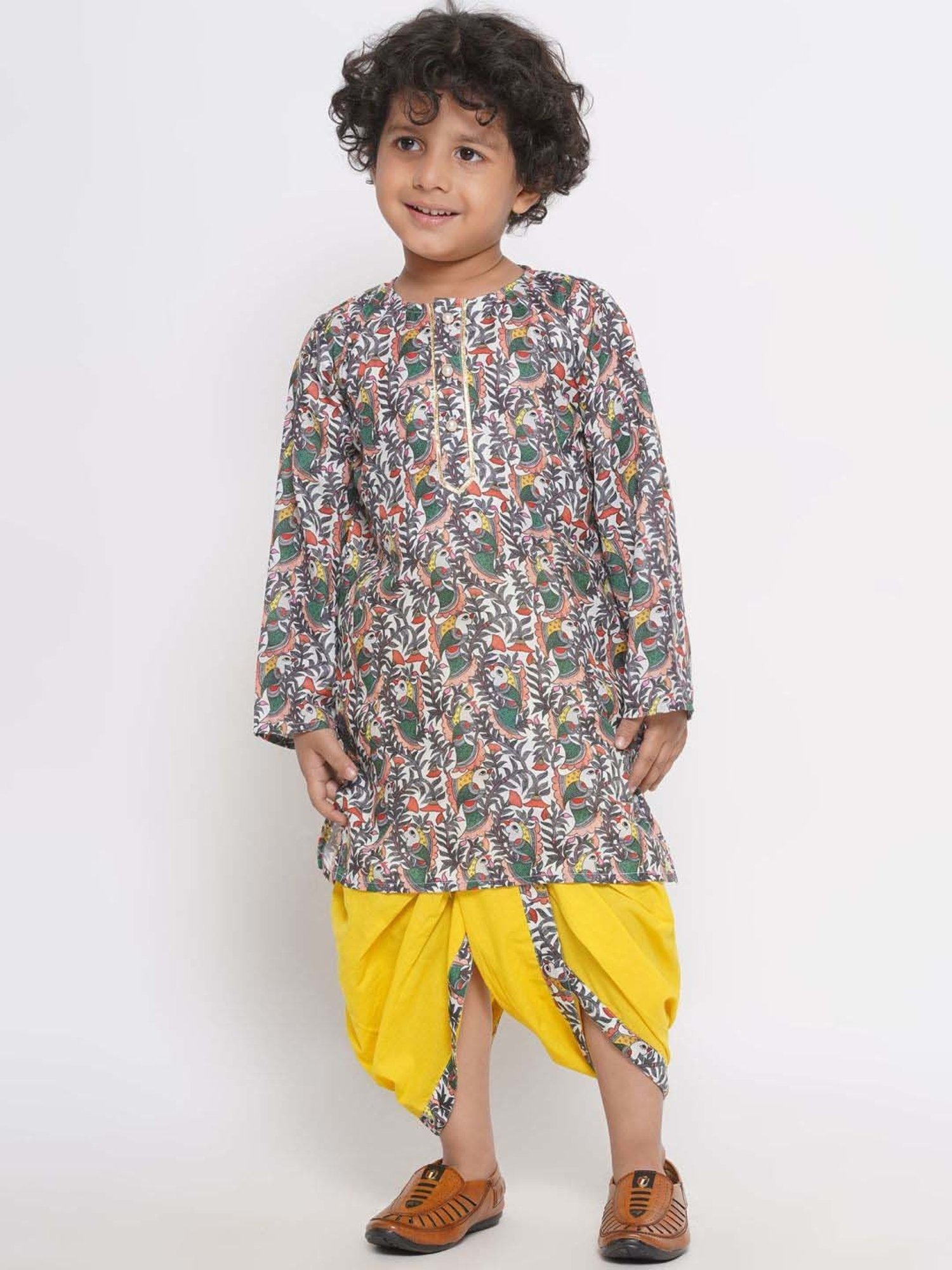 Little Bansi Kids Multicolor Cotton Printed Full Sleeves Kurta Set