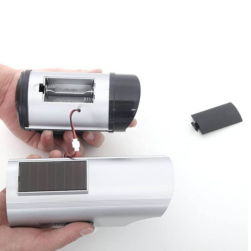 Solar Powered Bullet Dummy Fake Simulated Surveillance Security CCTV Dome Camera Indoor Outdoor with 1 LED Light Warning Security Alert Sticker Decal SOLTCS4 4 Packs Silver