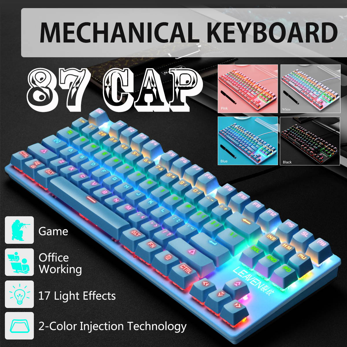 CUUWE K550 87 Keys Wired Mechanical Keyboard Blue Switch Waterproof 19 RGB Backlight Gaming Keyboard for Windows XP/7/8/10 Systems