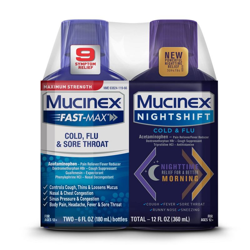 Mucinex Fast-Max & Night Shift Combo Liquid For Cold, Flu, Sore Throat, Severe Congestion & Pain - 2ct/12 fl oz Total