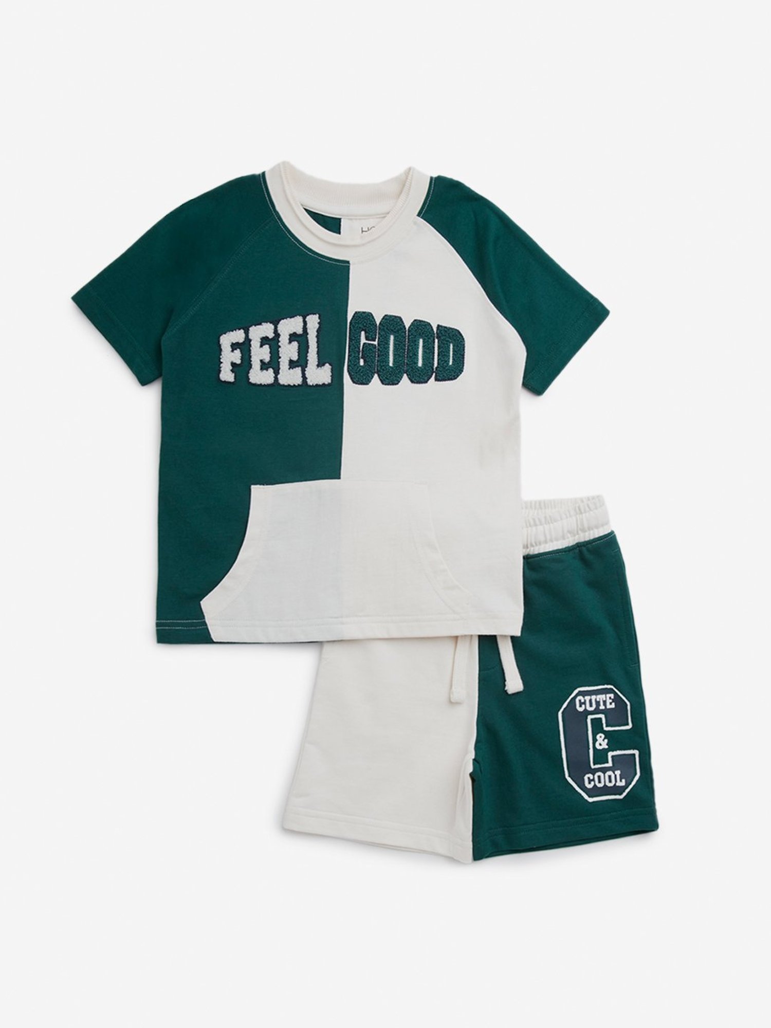 HOP Kids by Westside Green Text Design Cotton T-Shirt and Shorts Set