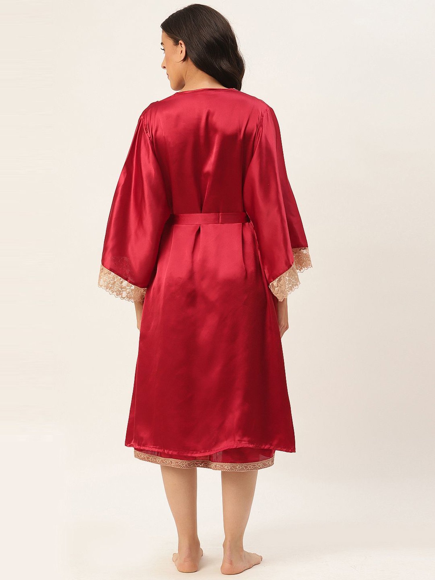 Ms.Lingies Maroon Lace Work Nightwear With Robe