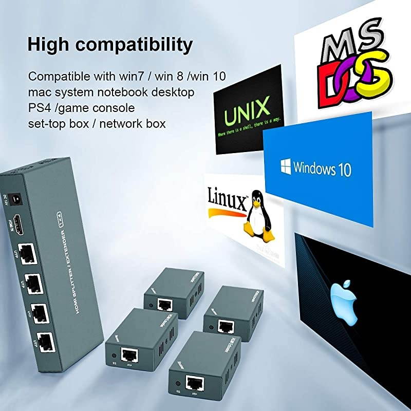 Extender Splitter 1x4, 1080P@60Hz, Extending 165ft (50m) Length Transmission Over CAT5e/CAT6/CAT7 Cable, 4 Channel Transmission Only 1 Power Adapter