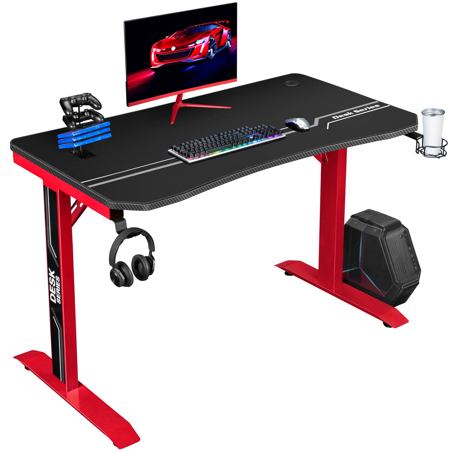 Furmax 43 Inch Gaming Desk T-Shaped PC Computer Table, Home Office Desk Carbon Fiber Surface Workstation with Free Full Coverage Mouse Pad, Cup Holder and Headphone Hook (Black)