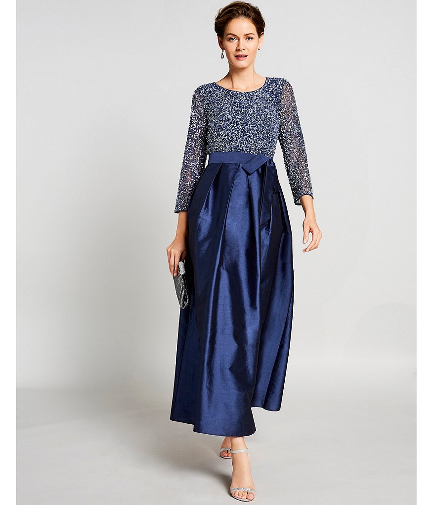 Pisarro Nights Sequined Bodice 3/4 Sleeve Tie Waist Satin Ball Gown