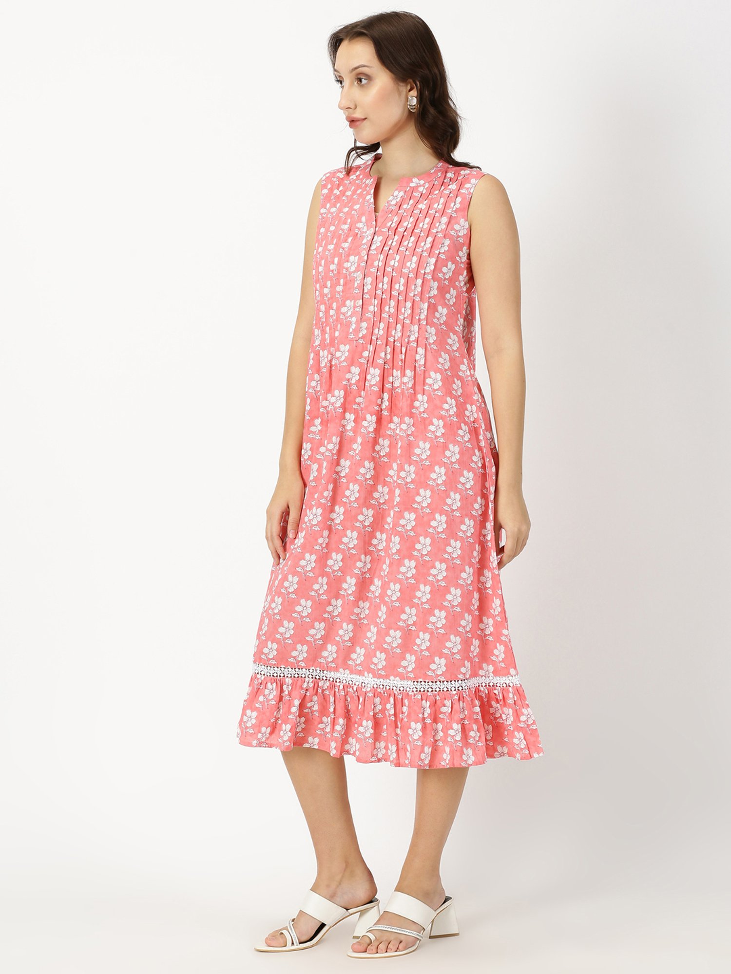 Saffron Threads Coral Cotton Floral Print Ethnic Dress