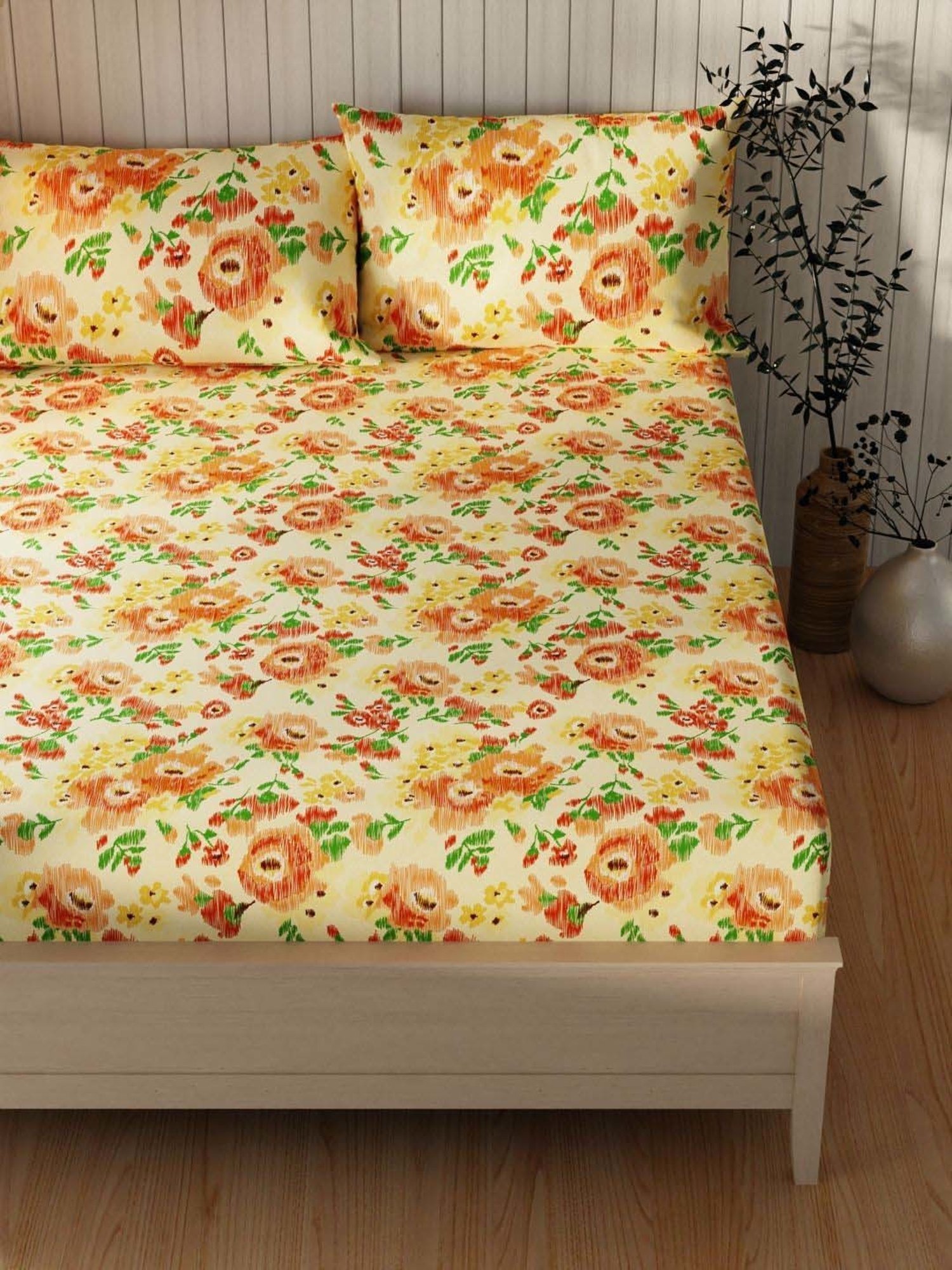 BIANCA Lopez Yellow & Orange Cotton 120 TC Kopa Extra Smooth Double Bed Sheet With Pillow covers
