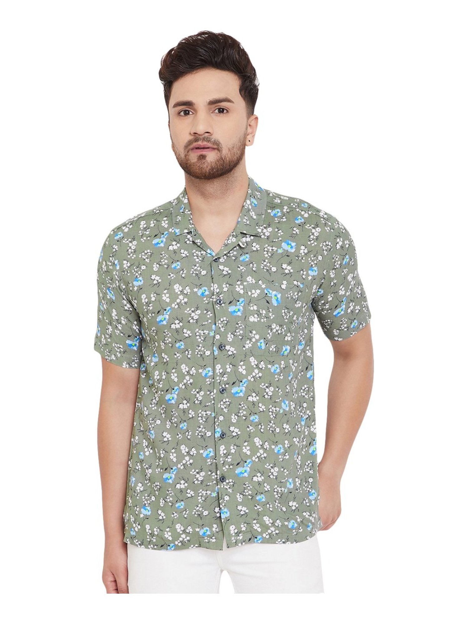 Even Olive Green Slim Fit Printed Shirt