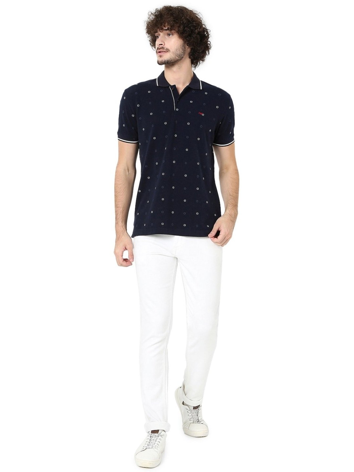 Mufti Blue Cotton Slim Fit Printed Polo T-Shirt
