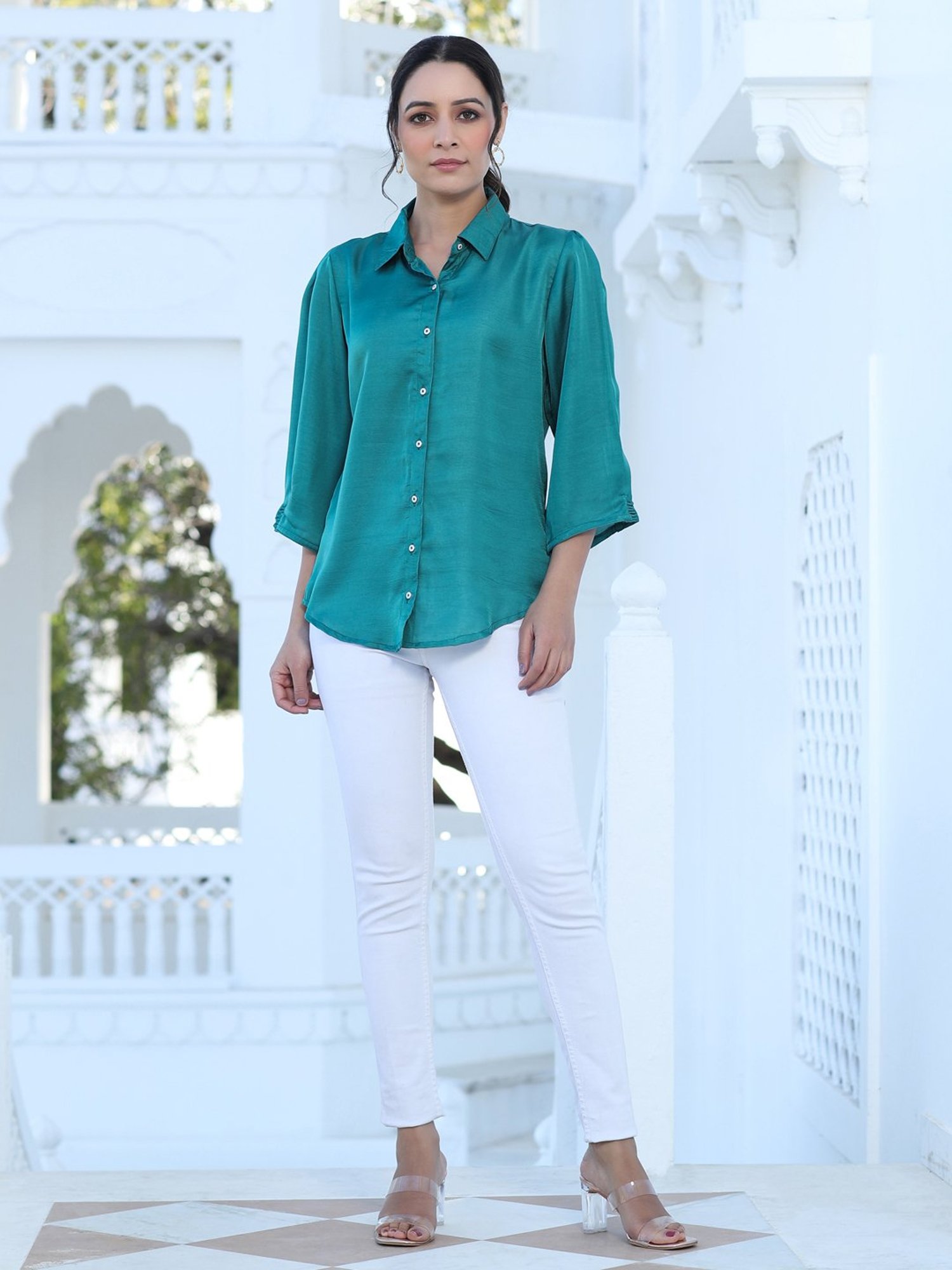 Jaipur Kurti Green & White Cotton Shirt With Pants