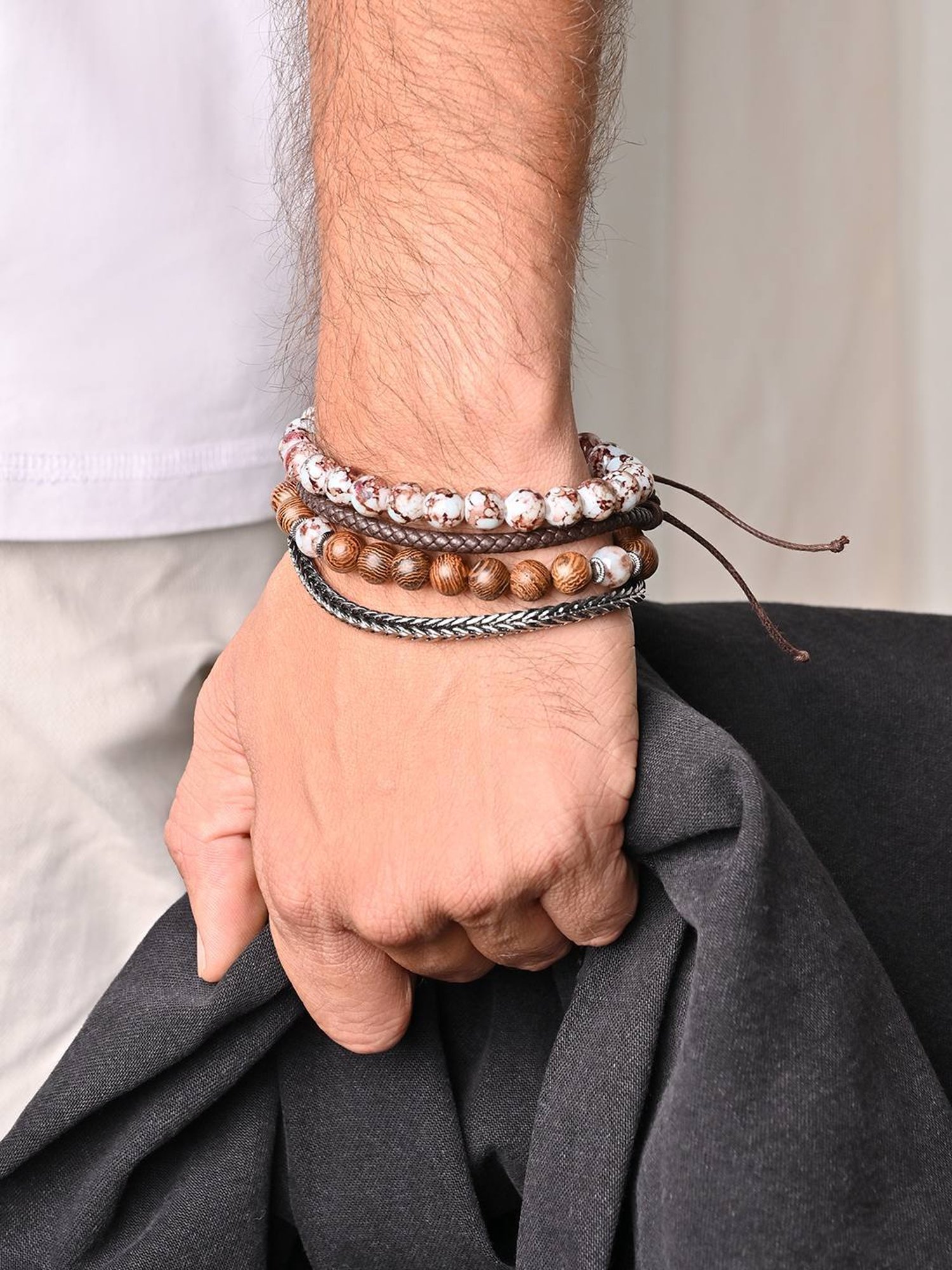 The Bro Code Brown Party Men's Beaded, Cuban Link with Fabric Knotted Stack Bracelet - Set of 4