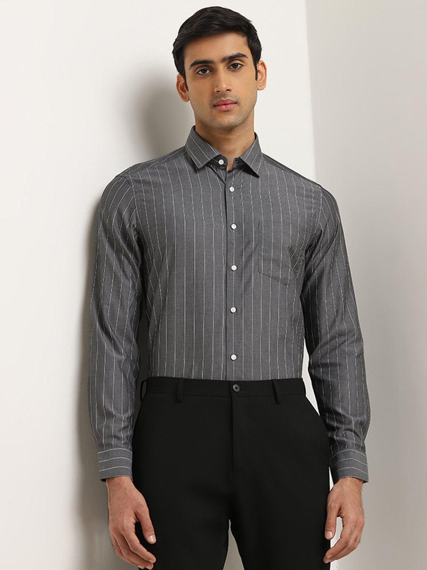 WES Formals by Westside Charcoal Pinstriped Slim-Fit Cotton Shirt