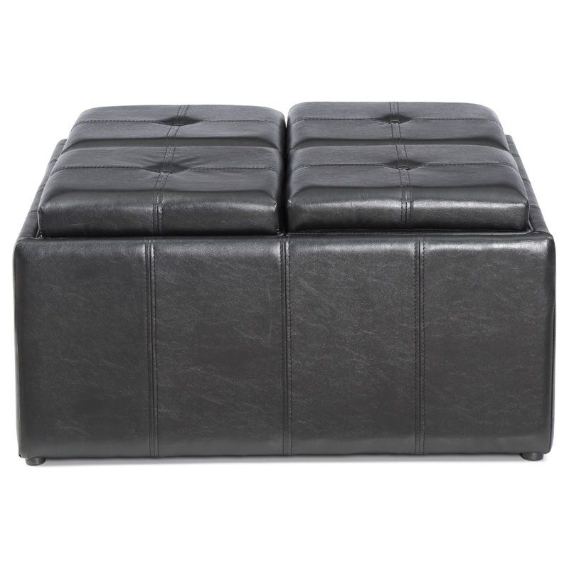 Storage Ottoman with 4 Flip over Serving Trays in Black - Hodedah