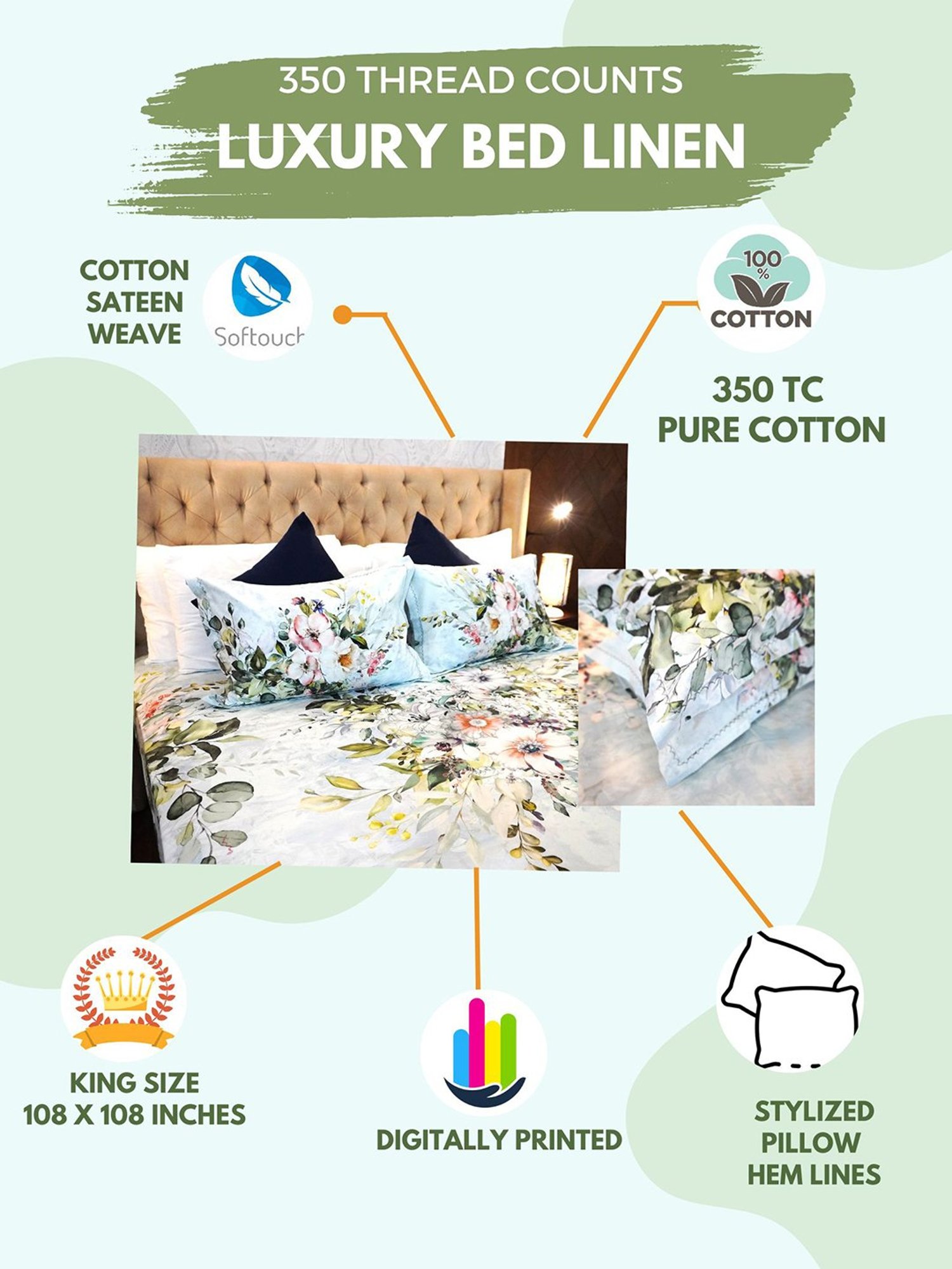 TARA Sparkling Homes Blue Luxury Cotton 350 TC Bed Sheet with 2 Pillow Covers