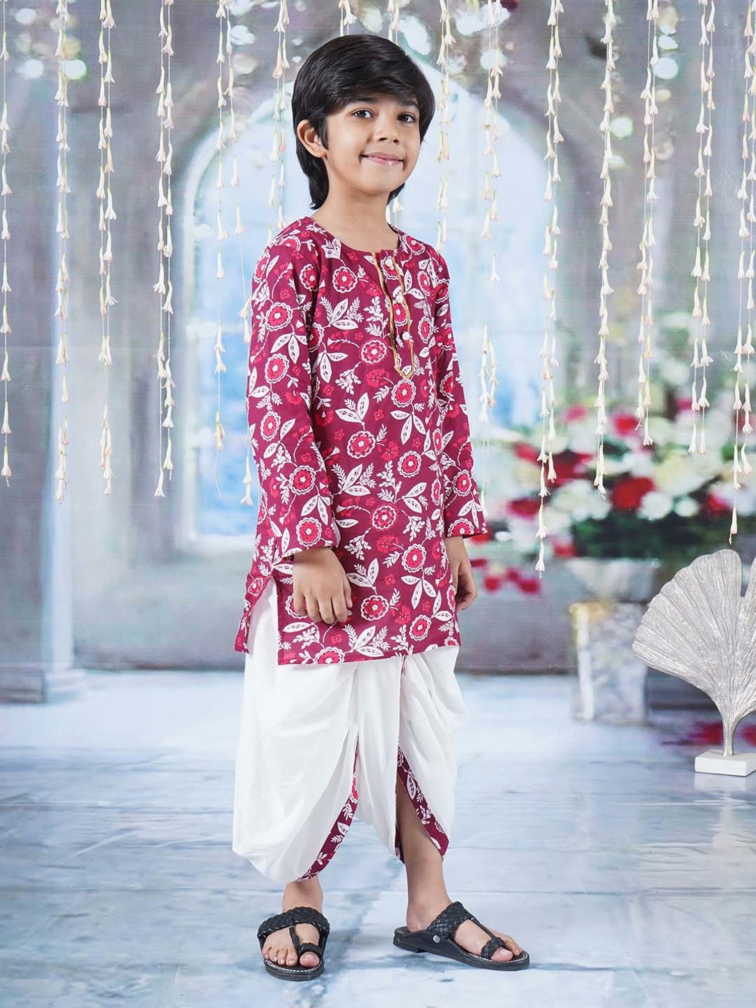 Little Bansi Maroon & White Cotton Floral Print Full Sleeves Kurta Set
