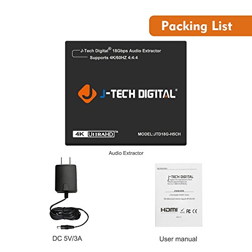 J-Tech Digital 4K 60HZ HDMI Audio Extractor Converter SPDIF + 3.5MM Output Supports HDMI 2.0, 18Gpbs Bandwidth, HDCP 2.2, Dolby Digital/DTS Passthrough CEC, HDR10 [JTD18G-H5CH]