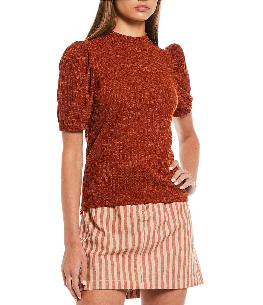 Blu Pepper Puff Sleeve Mock Neck Knit Top