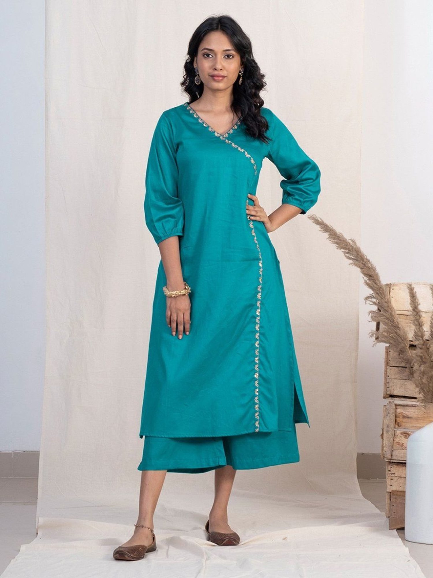 Akiso Jashn Blue Angrakha Embroidery Kurta Set With Plazzo