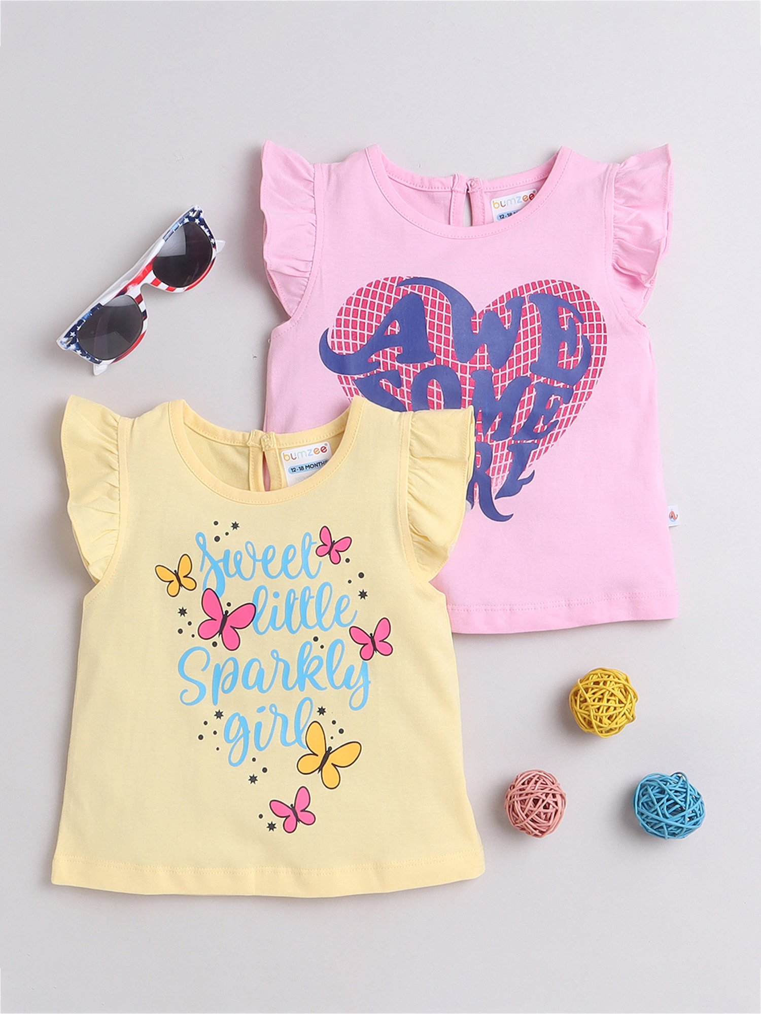 Bumzee Kids Pink & Yellow Graphic Print T-Shirt (Pack Of 2)