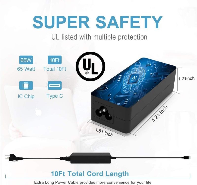 65W USB C AC Adapter Charger Fit for Dell Latitude 7410 7310 7210 2-in-1 9410 9510 5420 5520 5320 2in1 Type C Laptop Power Supply Cord