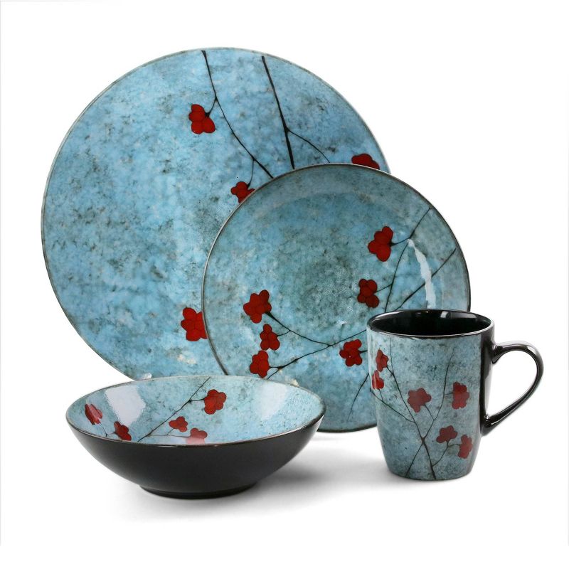 16pc Stoneware Sky Bloom Dinnerware Set Red/Blue - Elama