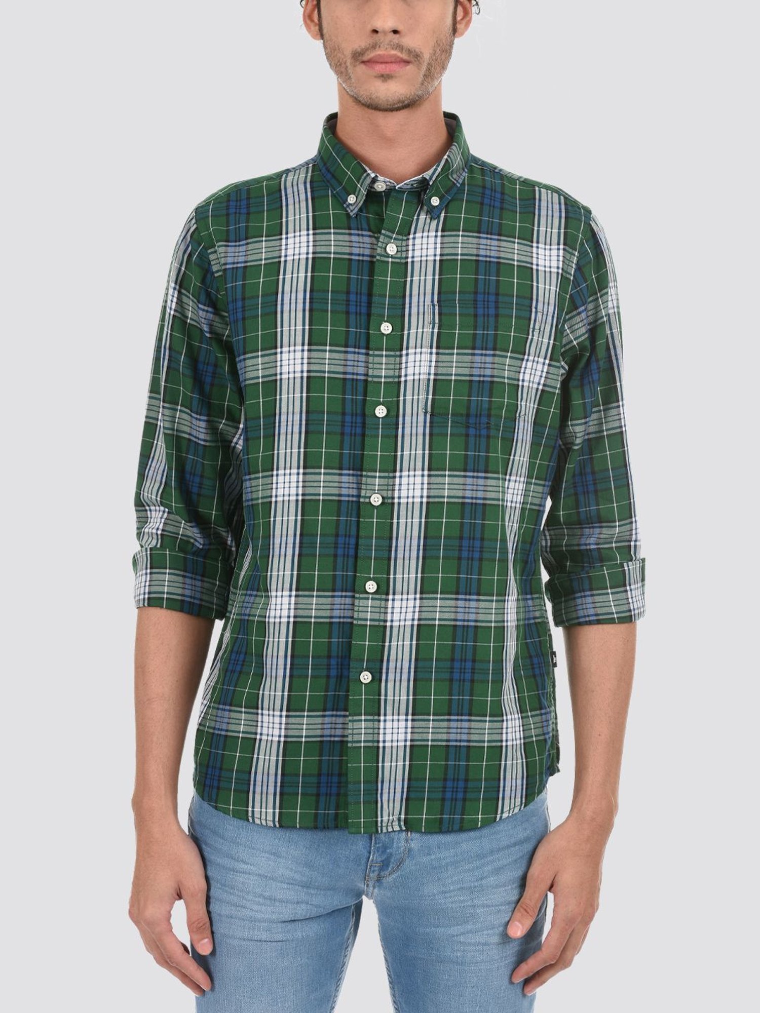 London Fog Green Regular Fit Checks Shirt