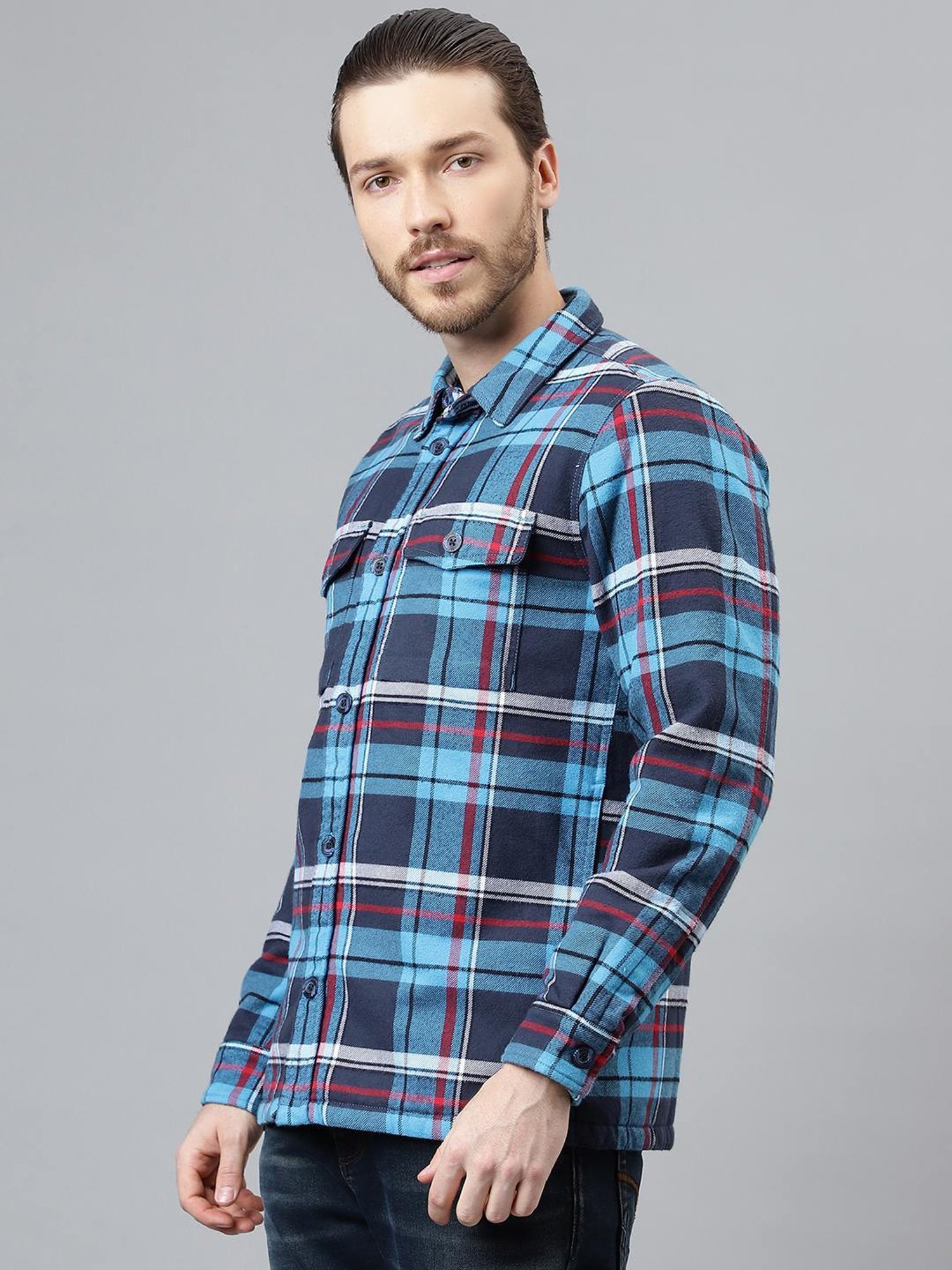 Woodland Navy Cotton Regular Fit Checks Shirt
