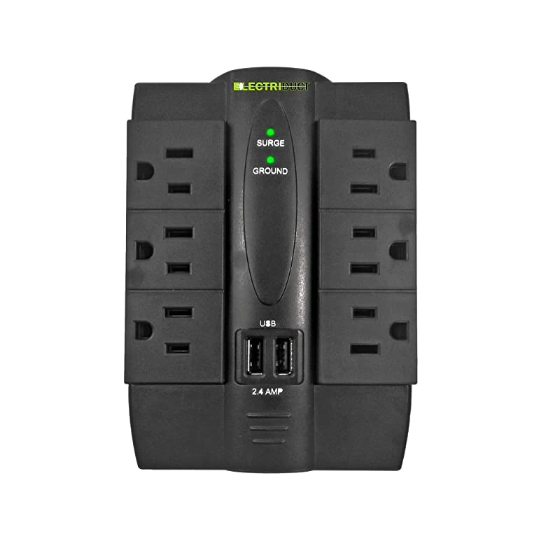 6 AC Outlet Power Surge Protector with 2 Ports USB Wall Charger 24 Amp and Swivel Sockets Black