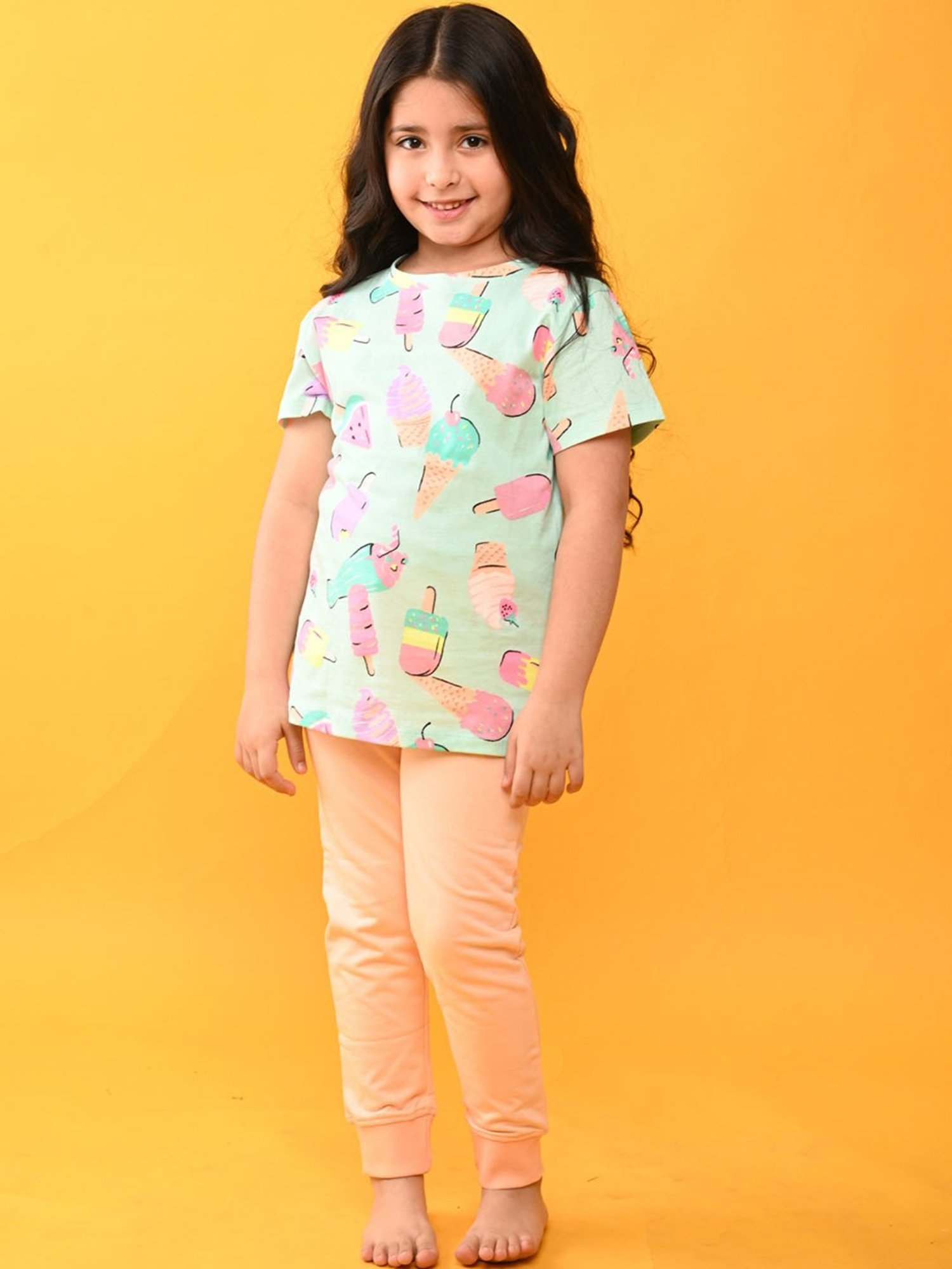 Anthrilo Girls Blue & Peach Cotton Printed T-Shirt Set