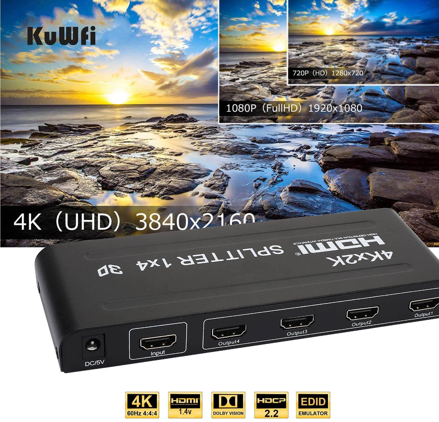 4K 3D HDMI Splitter 1 in 4 Out HDMI Switch Splitter with Metal Box and 24K Gold-Plated Connectors Support 4K 30Hz Ultra HD 3D 1080P Compatible with PS4 DLP Xbox DVD Player Blu-ray HDTV