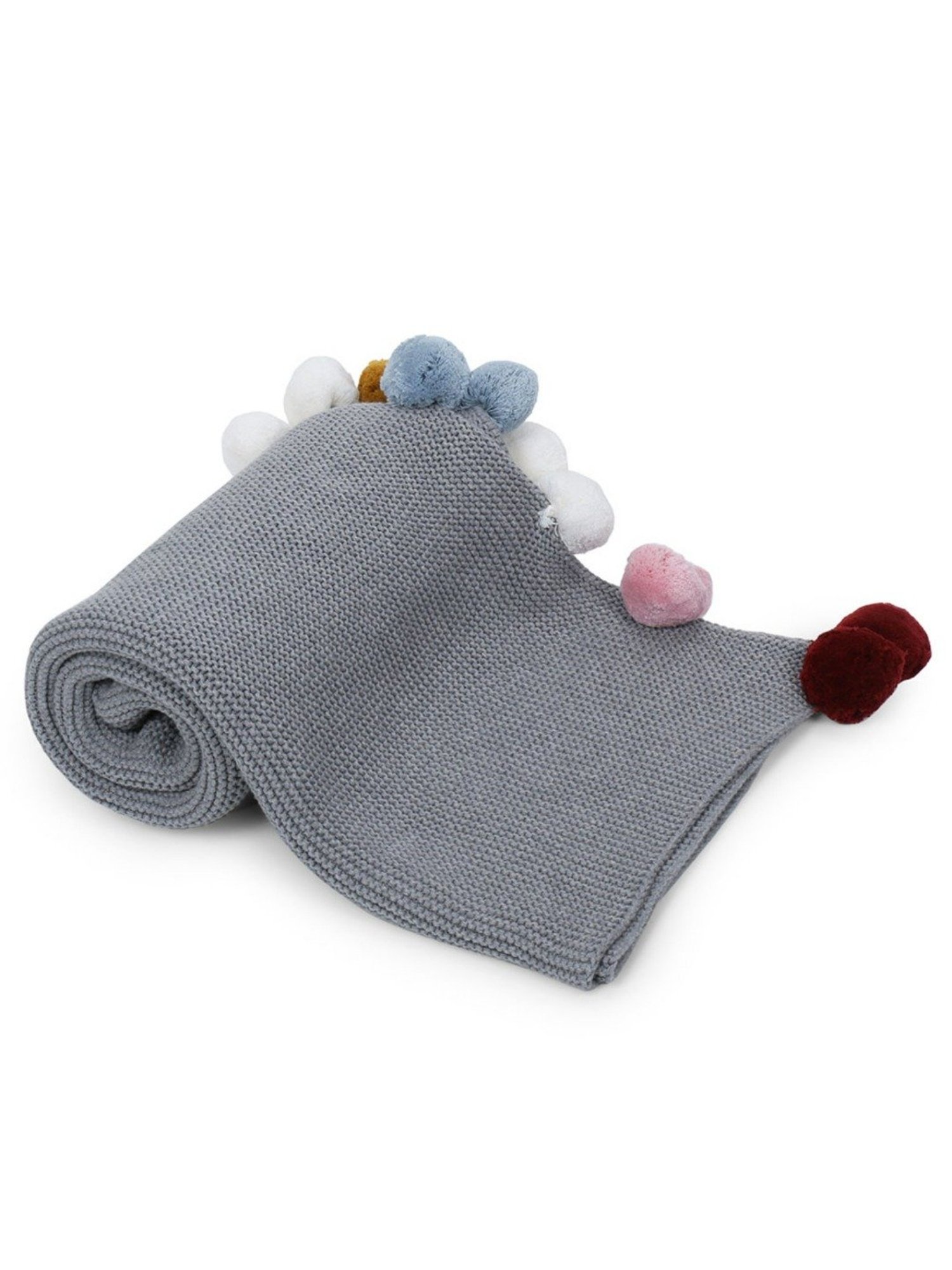 Haus & Kinder Pom Pom Printed Grey Cotton Single Knitted Blanket for Baby