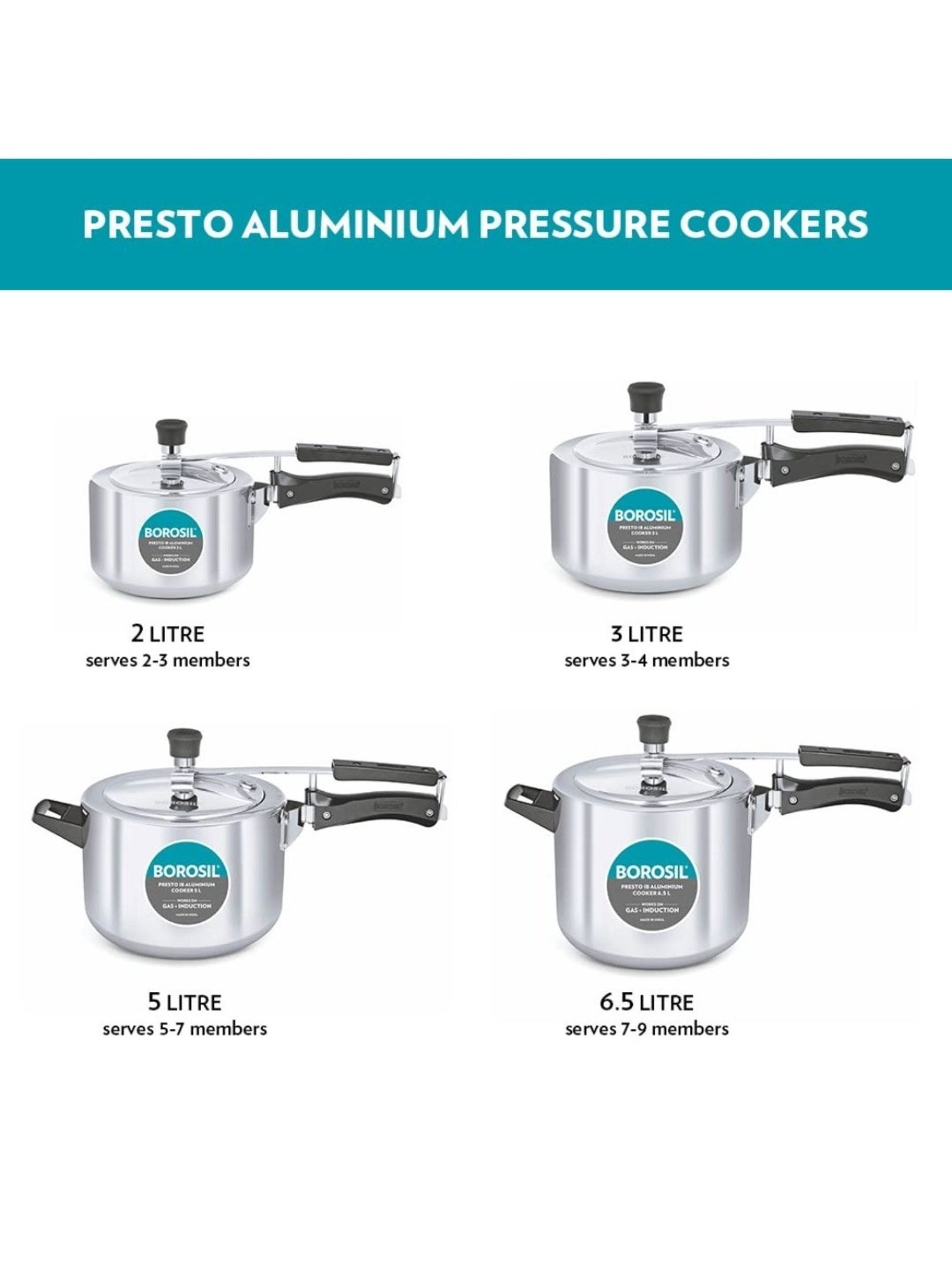 Borosil Silver Aluminium Pressure Cooker (6.5 L)