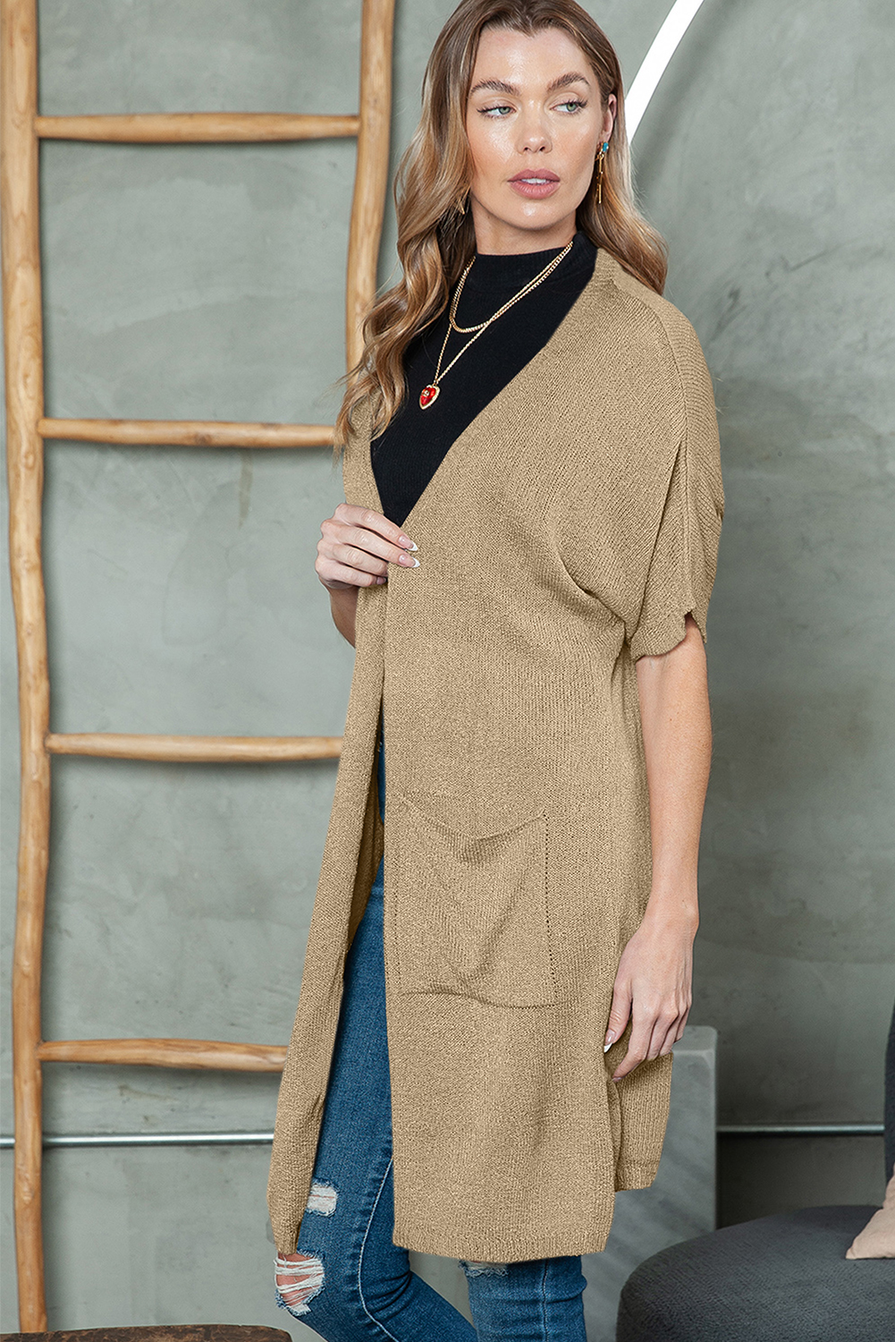 Khaki Dolman Half Sleeve Pocketed Long Cardigan
