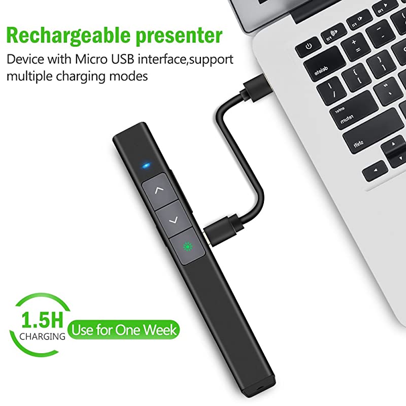 Wireless Presenter Rechargeable Presentation Powerpoint Clicker Green Light USB Remote Control Hyperlink Slide Advancer 24GHz
