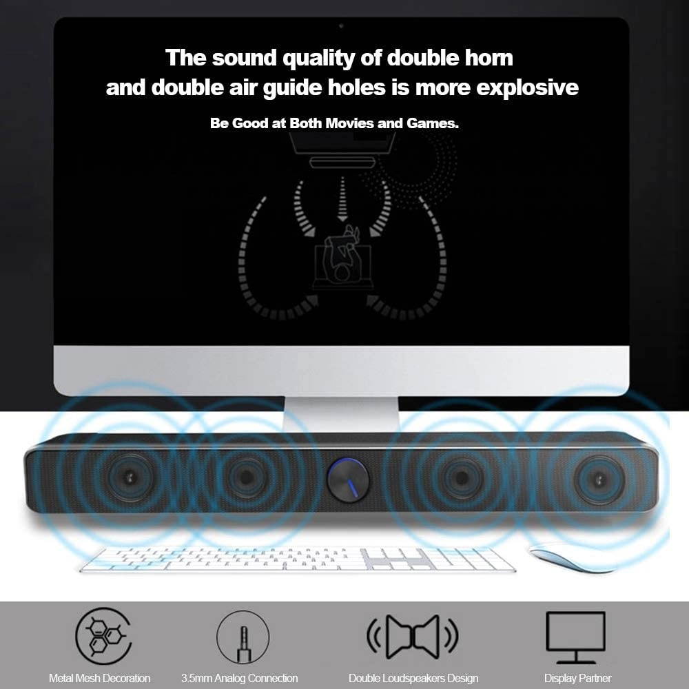 Docooler 3.5mm Audio Input USB Wired Computer Speaker Slender SoundBar Stereo Subwoofer Powerful Music Player Bass Surround Sound Box for Mult Devices