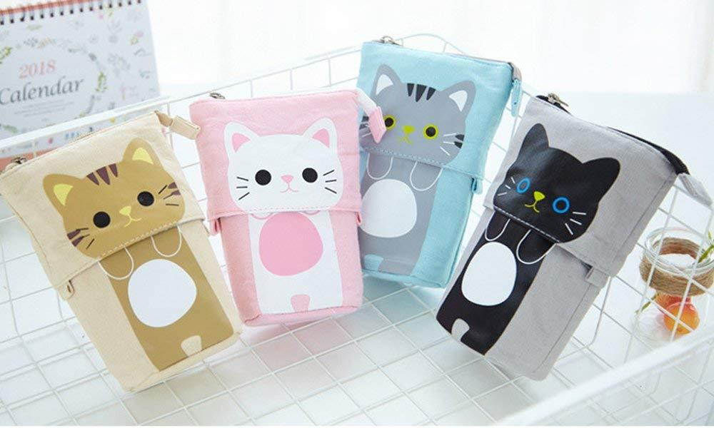 Telescopic Pencil Pouch Standing Pen Holder Cute Pencil Bags Stand Up Pen Case Cartoon Pencil/Pens Storage Box Canvas+PU Stationery Organizer Makeup Bag with Zipper Closure (Pink)