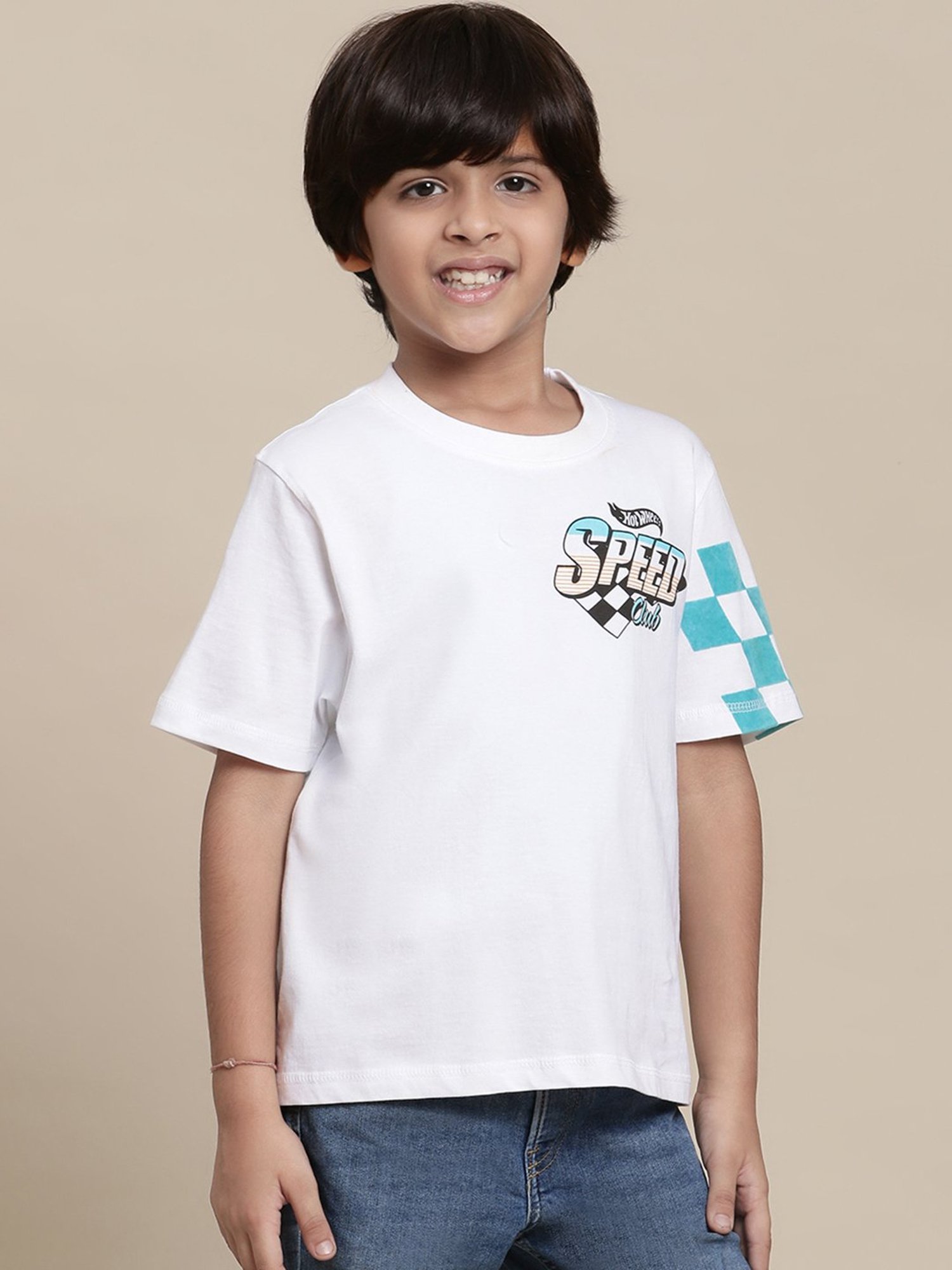 Kidsville Hot Wheels Printed White T-Shirt For Boys