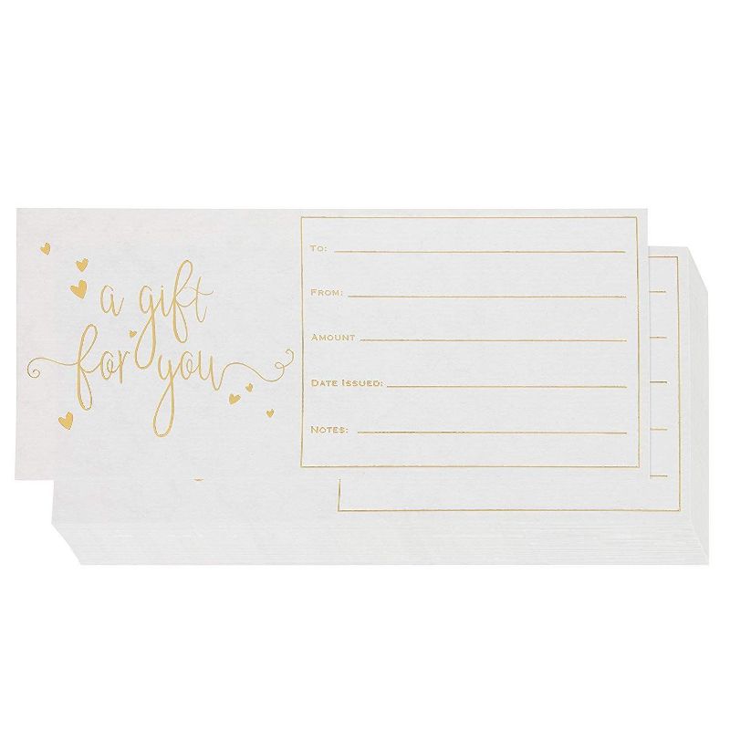 Sustainable Greetings 50-Pack Gold Foil Blank Gift Giving Certificate Cards Vouchers, 250GSM Cardstock, 4 x 9 in