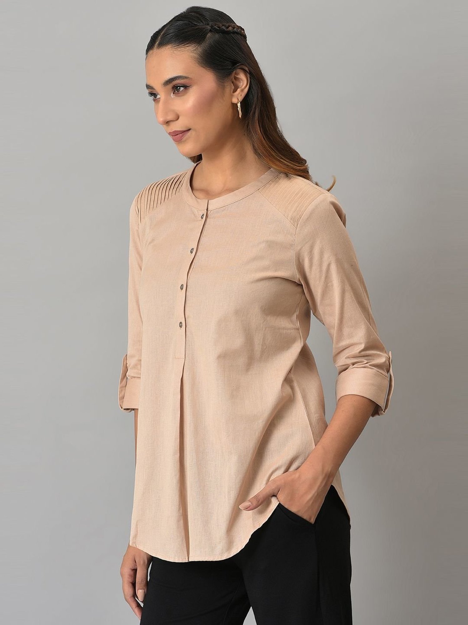 W Beige Cotton Regular Fit Top