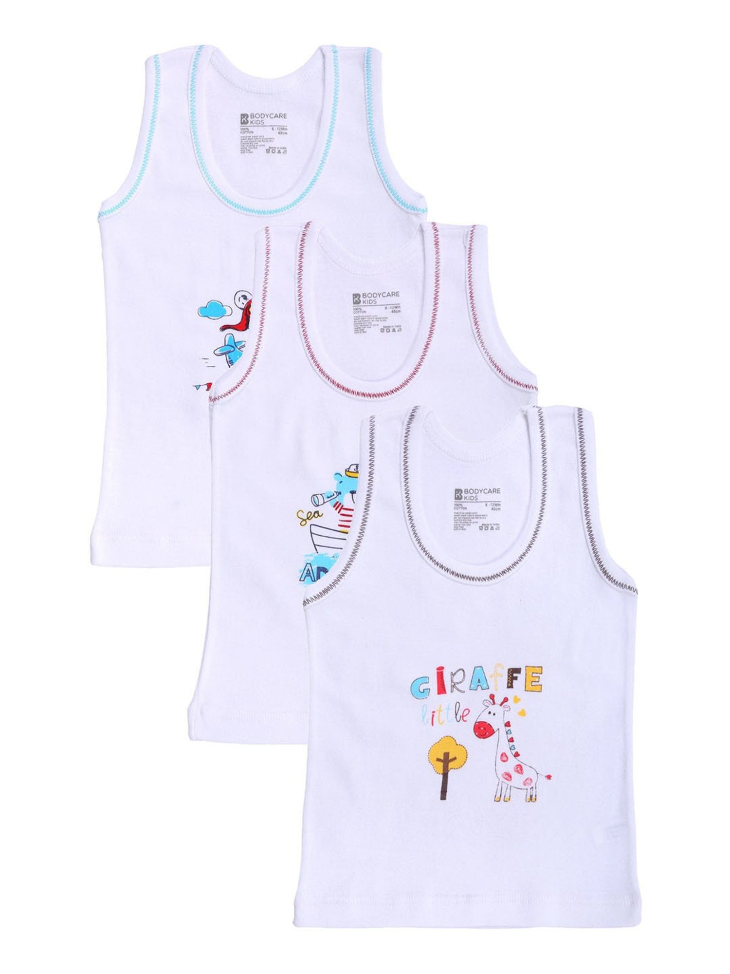 Bodycare Kids White Printed Vests(Pack Of 3)