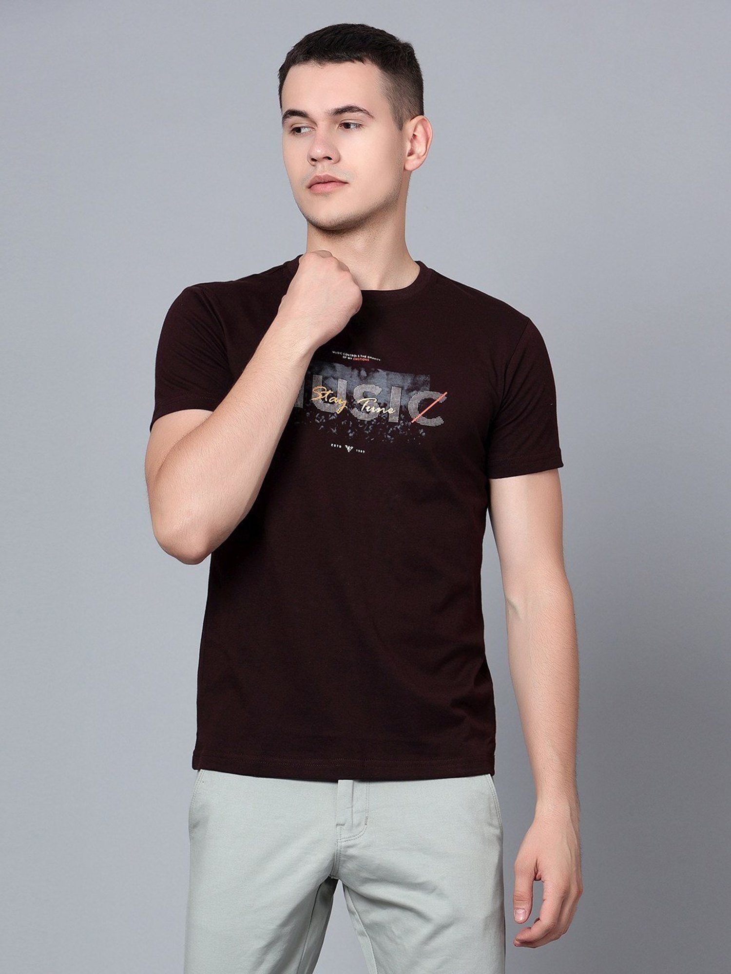 Cantabil Wine Cotton Regular Fit Printed T-Shirt